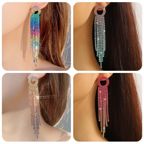 Luxe Koperen Lange Kwast Oorbellen Voor Vrouwen Elegant Veelkleurig Gradiënt Strass Ingelegde Oorbellen Bruiloft Feest Sieraden