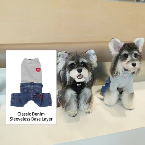 Pet Dog Jumpsuit Knit Denim Patchwork Four Legged Romper Heart Patch Casual Apparel Small Medium Dogs Cats