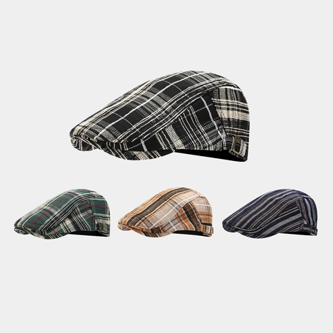 Gorra Plana De Algodón Estilo Británico Vintage De Cuadros Y Rayas Con Hebillas Metálicas Ajustables