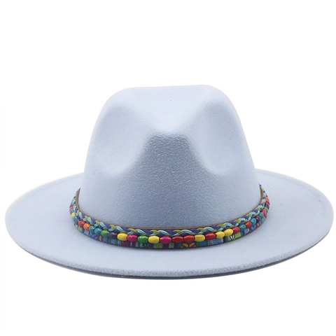 Cappello Fedora Donna Uomo Tesa Larga Piatta Feltro Fascia Intrecciata Etnica Perline Colorate Jazz Vintage Protezione Solare