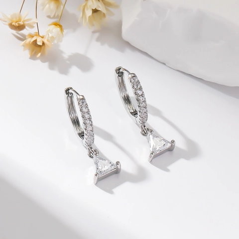 Copper Rhinestone Geometric Drop Hoop Earrings Heart Teardrop Triangle Rectangle Silver Plated Minimalist Jewelry For Women