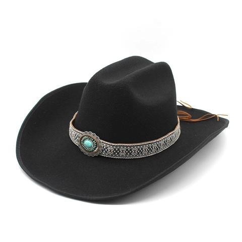 Chapeau De Cow-Boy Western En Feutre De Laine Large Bord Bande Tressée Ethnique Décor Turquoise Vintage Hommes Femmes