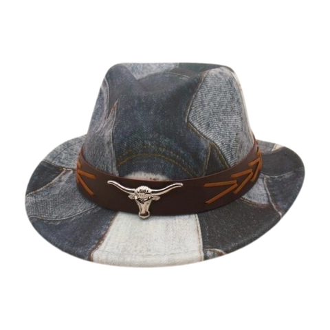 Kinder Western Cowboy Hoed Retro Denim Patchwork Fedora Met Leren Band Metalen Bull Head Accessoire Vintage Stijl