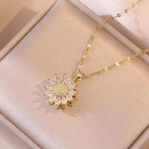 Stainless Steel Rotating Sunflower Pendant Necklace Zirconia Inlaid Gold Silver Botanical Fashion Jewelry For Women Daily Gift