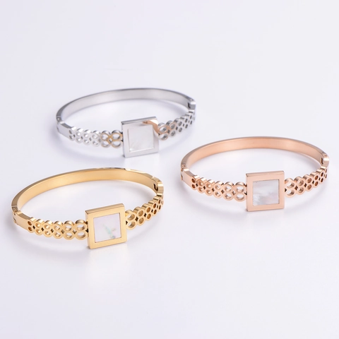 Brazalete De Acero Inoxidable 304 Con Incrustación De Nácar Cuadrada Geométrica Joyería De Diseño Calado Para Mujer