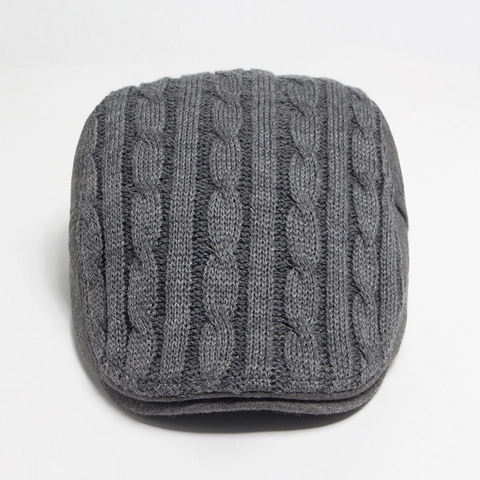 Herren Schiebermütze Strick Baumwolle Flat Cap Zopfmuster Warm Winddicht Vintage Verstellbar Lässig Wintermütze