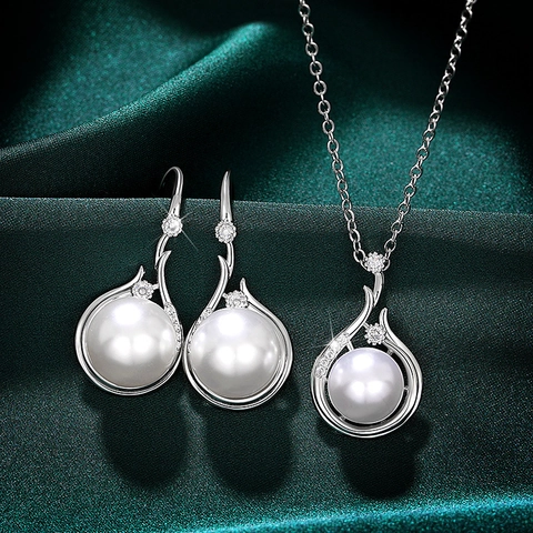 Luxury Copper Artificial Pearl Zirconia Drop Earrings And Pendant Necklace Set For Women Elegant Mother Day Gift