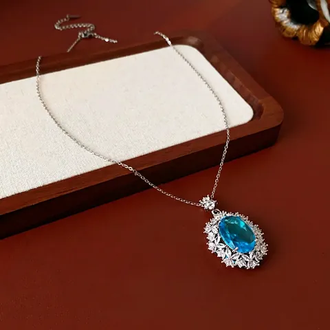 Collar Con Colgante De Circonita Azul Ovalada Estilo Palacio Francés Cobre Lujo Vintage Joyería Elegante Para Mujer