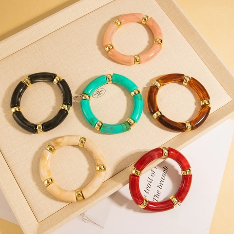 Vintage Acrylic Resin Curved Tube Bangle Bracelet With Gold Metal Spacers Marble Texture Stretch Bohemian Style Women