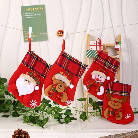 Calze Di Natale Feltro Quadri Con 3D Babbo Natale Pupazzo De Neve Renna Orso Ornamento Da Appendere Decorazione Regalo