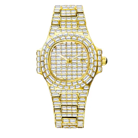 Montre Homme Quartz Luxe Entièrement Sertie De Strass Carré Plaqué Or Étanche Calendrier Mode