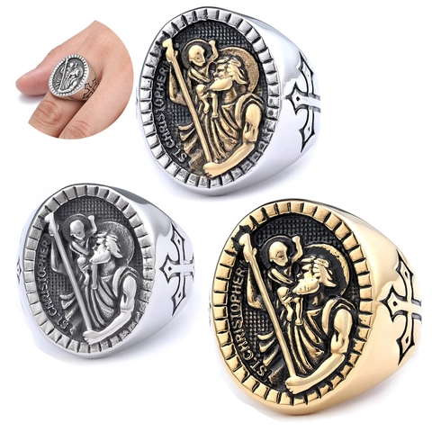 Anello Sigillo Medaglia San Cristoforo Acciaio Inossidabile Vintage Religioso Croce Rilievo Gioielli Per Uomo Punk Gotico