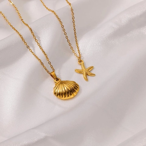 Ocean Theme Necklace Gold Plated Stainless Steel Sea Star Shell Whale Tail Pendant Simple Retro Style For Women