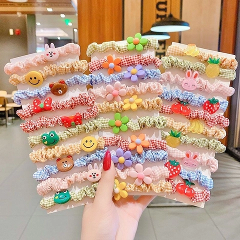 Chouchous En Tissu À Carreaux Avec Décor Dessin Animé Animal Fruit Élastiques À Cheveux Pour Filles Tout-Petits Kawaii