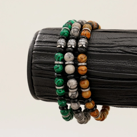 Men Natural Stone Beaded Bracelet Stainless Steel Malachite Map Stone Picture Jasper Elastic Minimalist Jewelry