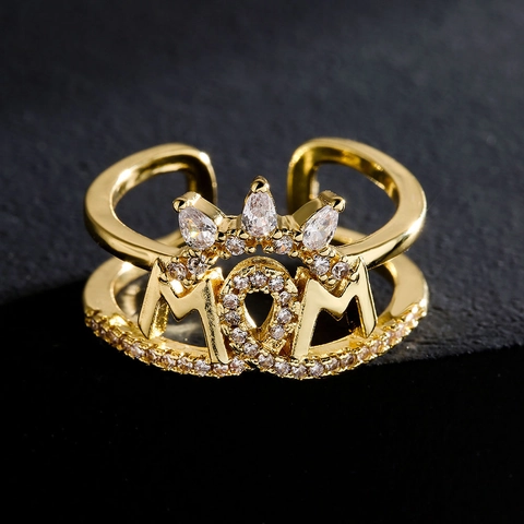 Anello Aperto Regolabile MOM Corona Farfalla Rame Placcato Oro 18K Zircone Gioielli Raffinati Regalo Per Donne Madre