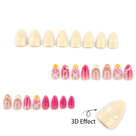 3D Blume Aufpressnägel Mandelform Ozean Thema Künstliche Perle Muschel Dekor Kurze Falsche Nägel Für Frauen Süßer Sommer Stil