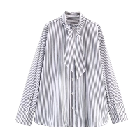 Striped Poplin Shirt Women Long Sleeve Tie Neck Bow Collar Button Down Elegant Casual Fashion Blouse