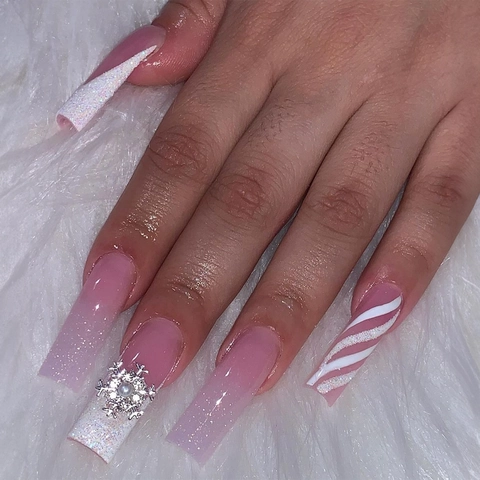 Uñas Postizas De Navidad Largas Coffin Copo De Nieve Brillo Rosa Blanco Punta Francesa Pedrería Perla Artificial Invierno Uñas Artificiales