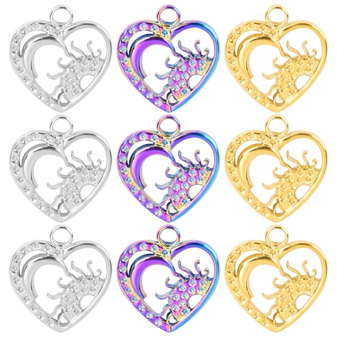 Ciondolo Cuore Cavo Acciaio Inossidabile Motivo Sole Luna Stella Accenti Strass Creazione Gioielli DIY Per Donne Retro