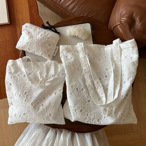 Floral Eyelet Embroidery Cotton Tote Bag Handbag For Women Minimalist Summer Casual Portable Storage Floral Lace Purse