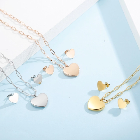 Collana Con Pendente A Cuore E Orecchini A Lobo Acciaio Inossidabile Catena A Graffetta Gioielli Di Moda Per Donna