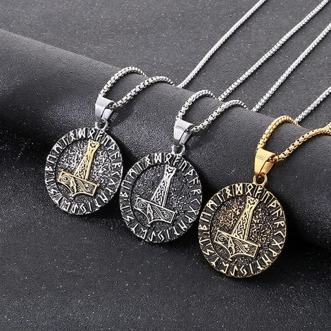 Thor's Hammer Pendant Necklace Stainless Steel Viking Runes Compass Double Sided Nordic Mythology Punk Jewelry For Men