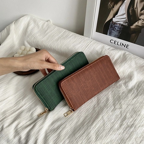 Women Long Wallet PU Leather Stripe Textured Large Capacity Multi Card Slots Zipper Clutch Purse Fashion Retro Style