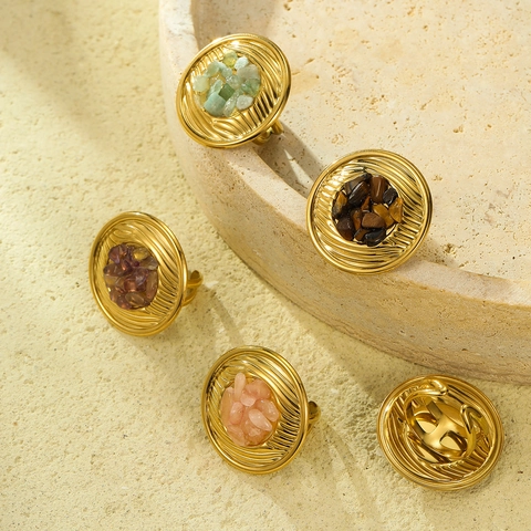 Retro Edelstahl Offener Ring Rund Strukturierter Naturstein Geometrisch Verstellbar Schmuck Geschenk Für Damen