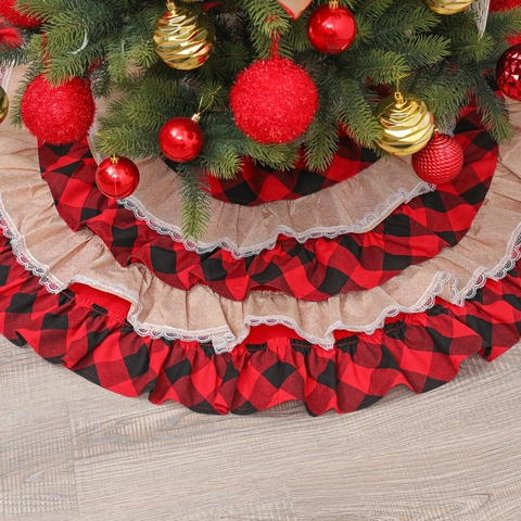 Weihnachtsbaumdecke Rot Schwarz Karomuster Jute Mit Weißer Spitze Rüschen Xmas Dekoration Bauernhaus Stil