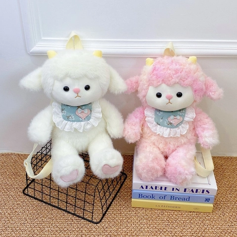 Plush Animal Backpack Cute Soft Lamb Panda Shaped School Bag With Lace Bib For Kids Girls Cartoon Style