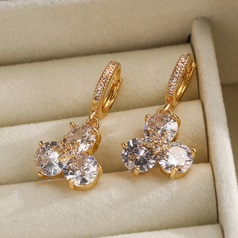 Orecchini Pendenti A Fiore Rame Placcato Oro Vero Zirconia Cubica Scintillante Gioielli Di Moda Temperamento Per Donne