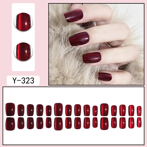 Burgundy Wine Red Cat Eye Magnetic Glitter Press On Nails Square Oval Full Cover Artificial Finger Nails