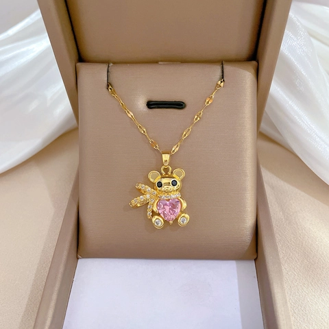 Collar Con Colgante De Oso De Peluche Con Circonita De Corazón Rosa Cobre Y Cadena De Acero Inoxidable Chapado En Oro