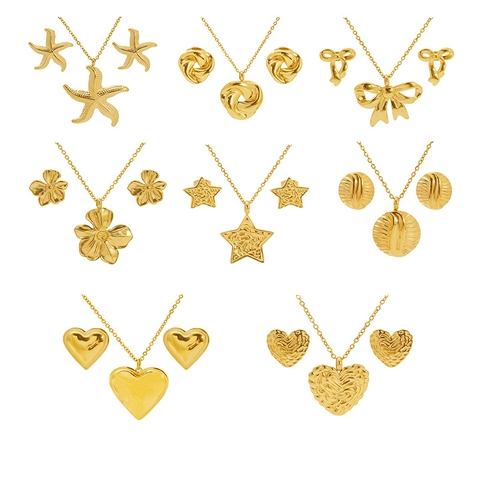 Stainless Steel 18K Gold Plated Heart Star Flower Bow Knot Pendant Necklace And Earrings Jewelry For Women