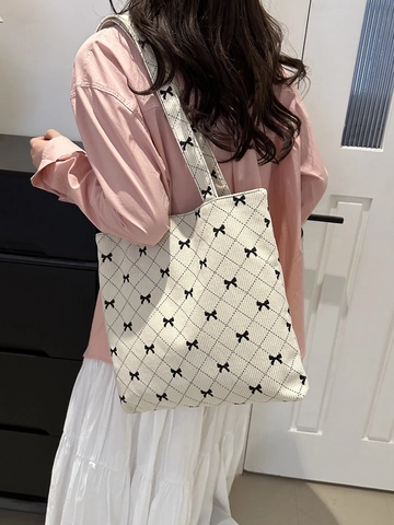 Bolso Tote De Pana Acolchado Para Mujer Estampado De Lazos Patrón De Rombos Gran Capacidad Bolso De Hombro Cierre Magnético Estilo Japonés