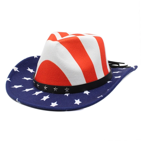 Western Cowboy Hat American Flag Pattern Stars Stripes Star Rivets Faux Leather Band Retro Patriotic Outdoor