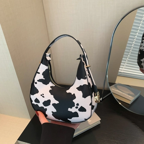 Women Fashion PU Leather Animal Print Crescent Underarm Bag Trendy Cow Leopard Zebra Pattern Hobo Shoulder Purse