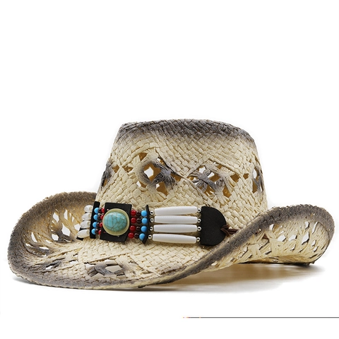 Cappello Di Paglia Western Cowboy Intrecciato Traforato Tesa Larga Fascia Etnica Turchese Perline Protezione Solare Unisex