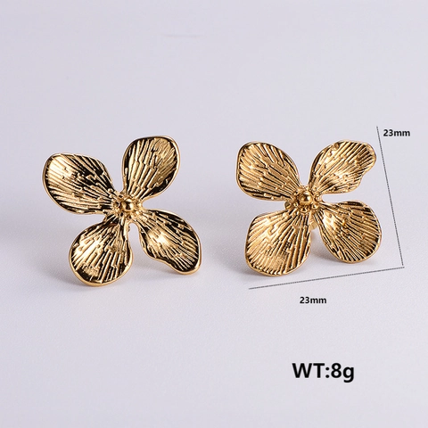 304 Stainless Steel Gold Plated Earrings For Women With Wrinkled Wave And Floral Patterns