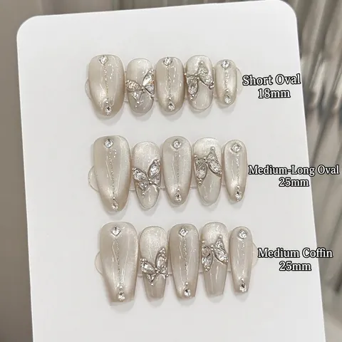 Handmade Press On Nails Cat Eye Artificial Pearl White Butterfly Rhinestone Glitter Elegant Fake Nails