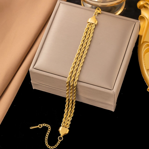 Fashion Stainless Steel Twisted Rope Chain Bracelet For Women 3-Layer Gold Silver Tri-color Adjustable Hand Jewelry