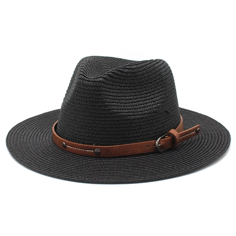 Fedora Straw Hat Paper Woven Wide Brim With Leather Belt Buckle Summer Beach Sunshade For Men Women Vintage Jazz