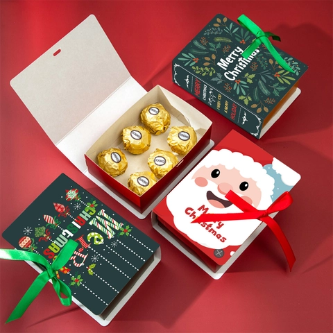 Weihnachts Geschenkbox Buchform Karton Feiertag Süßigkeiten Verpackung Schleife Festlich Weihnachtsmann Deko