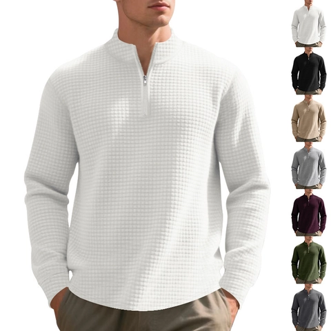 Sweatshirt En Tricot Gauffré Pour Hommes Quart De Zip Col Montant Décontracté Manches Longues Pull Léger Mode Couleur Unie