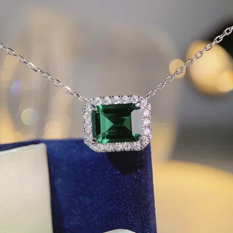 Collana Con Pendente In Argento Sterling 925 Zircone Verde Taglio Smeraldo Halo Quadrato Geometrico Gioielli Per Donna