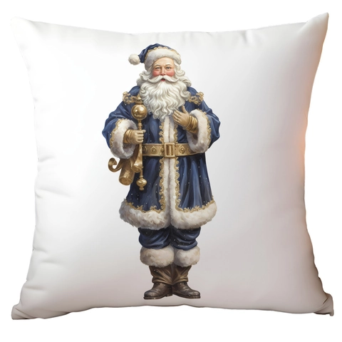 Housse De Coussin De Noël Peluche Courte Bleu Or Aquarelle Renne Père Noël Flocon De Neige Décoration Maison Carré