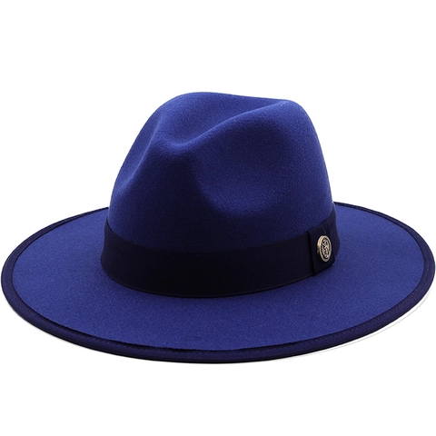 Fedora Hat Wool Felt Contrast Color Navy Red Wide Brim Vintage Jazz Cap With Metal Anchor Badge For Men Women