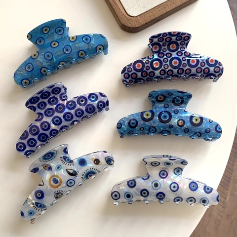 Large Evil Eye Hair Claw Clip Acrylic Ice Blue Pearlescent Shark Clip Handmade Ethnic Style Hair Accessories For Women