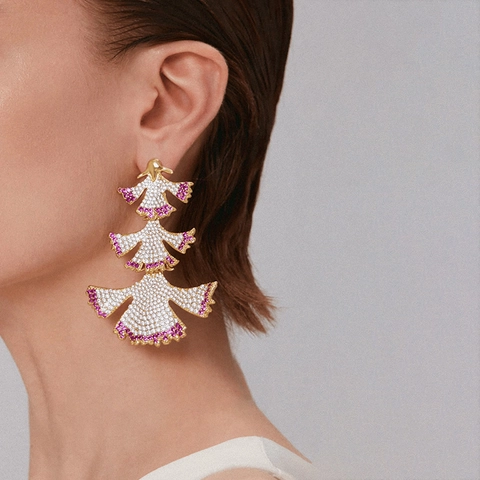 Tiered Fan Shaped Drop Earrings Ginkgo Leaf Design Rhinestone Inlaid Alloy Jewelry With Silver Earring Post For Women